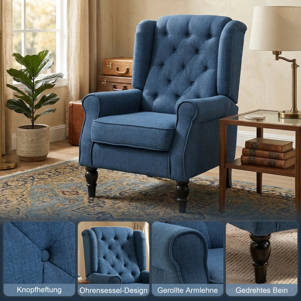 Poltrona con orecchie imbottita ¨C Xylo ¨C tessuto blu removibile 74x86x102 cm