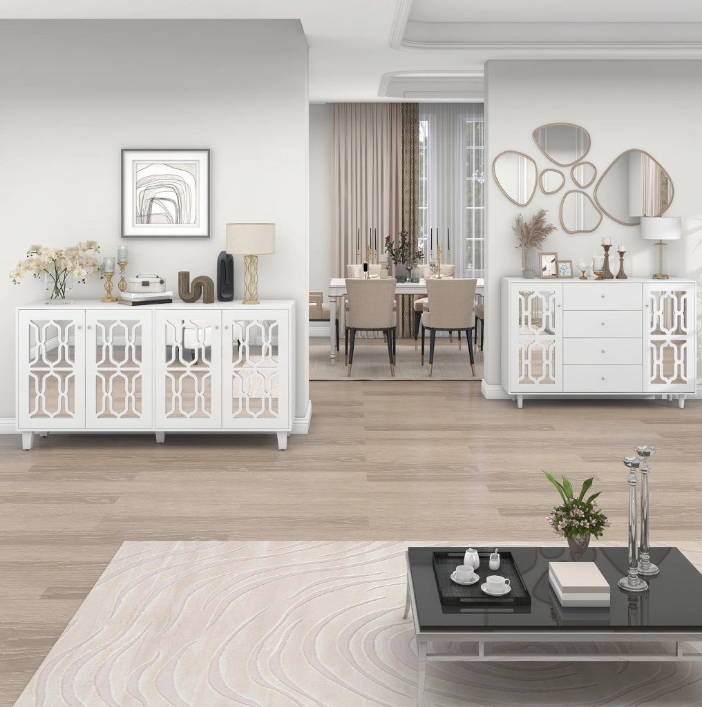 CREDENZA 160x40x84 cm bianca con 4 ante superficie a specchio in MDF