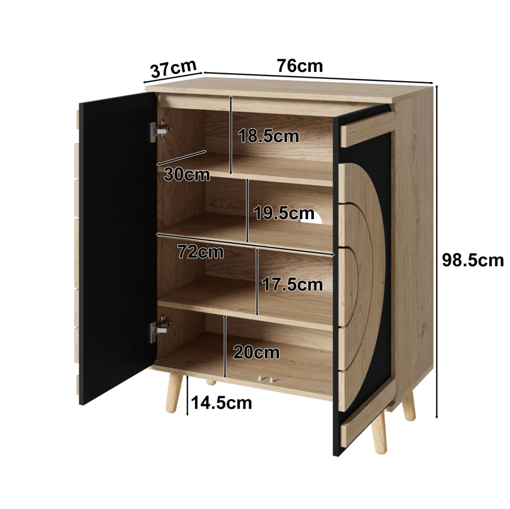 Scarpiera geometrica con ante rotonde; ripiani multilivello; MDF; nera