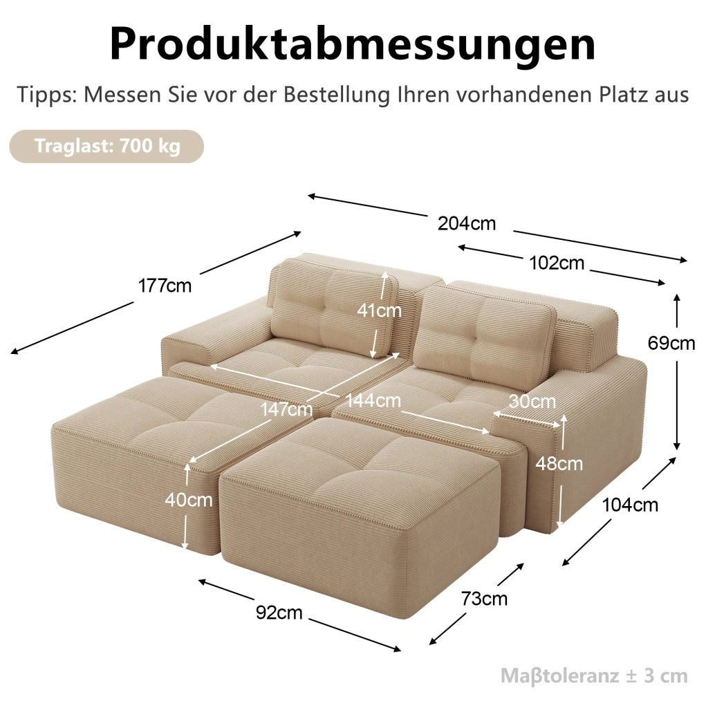 Divano modulare boneless con seduta profonda 204x177x69 cm in tessuto a coste beige