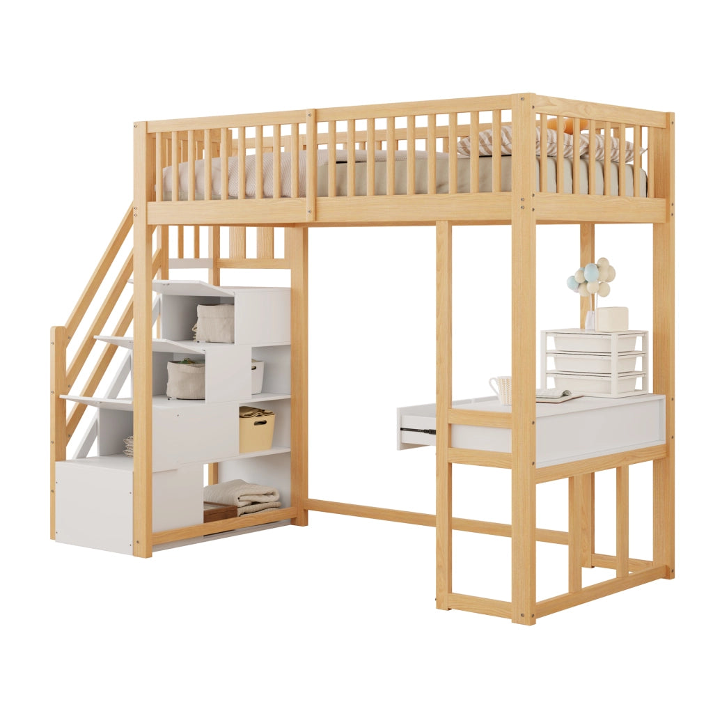 Letto a soppalco 90x200 cm con tavolo multifunzione; scala contenitore; in pino bianco e rovere chiaro