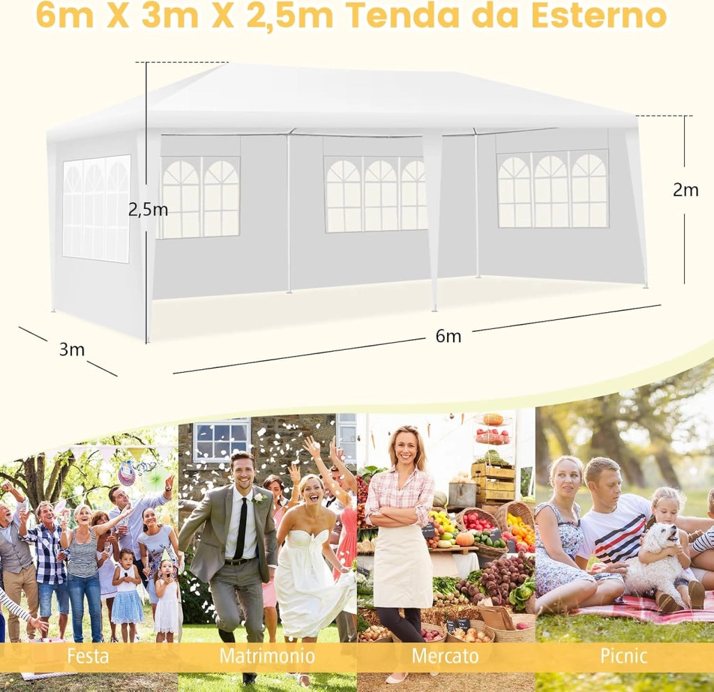 Gazebo da Giardino 6 x 3 m, Tendone per Feste con 4 Pareti Rimovibili, con Borsa di Trasporto, Impermeabile Protezione UV, per Matrimonio Eventi e Barbecue