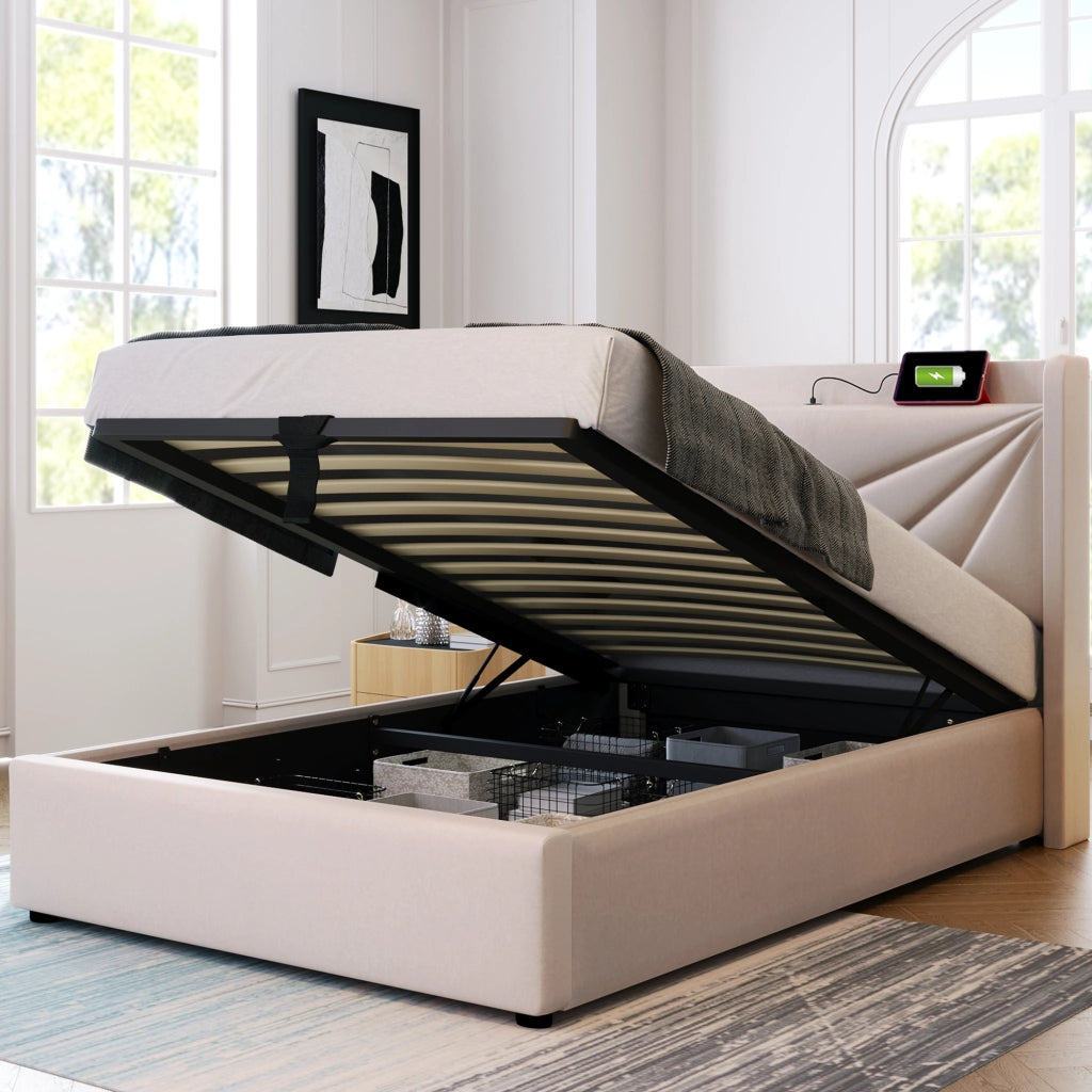 DESMIU Letto singolo 90 × 200 cm con contenitore, USB e Type-C, senza materasso, in cotone lino, beige