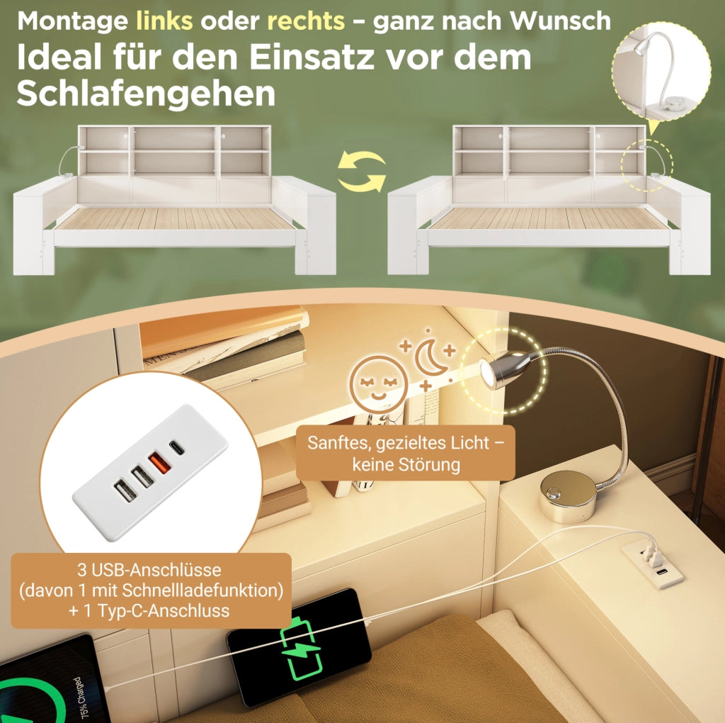 Letto a scomparsa con letto estraibile 90x200 cm; contenitore e porte USB; bianco