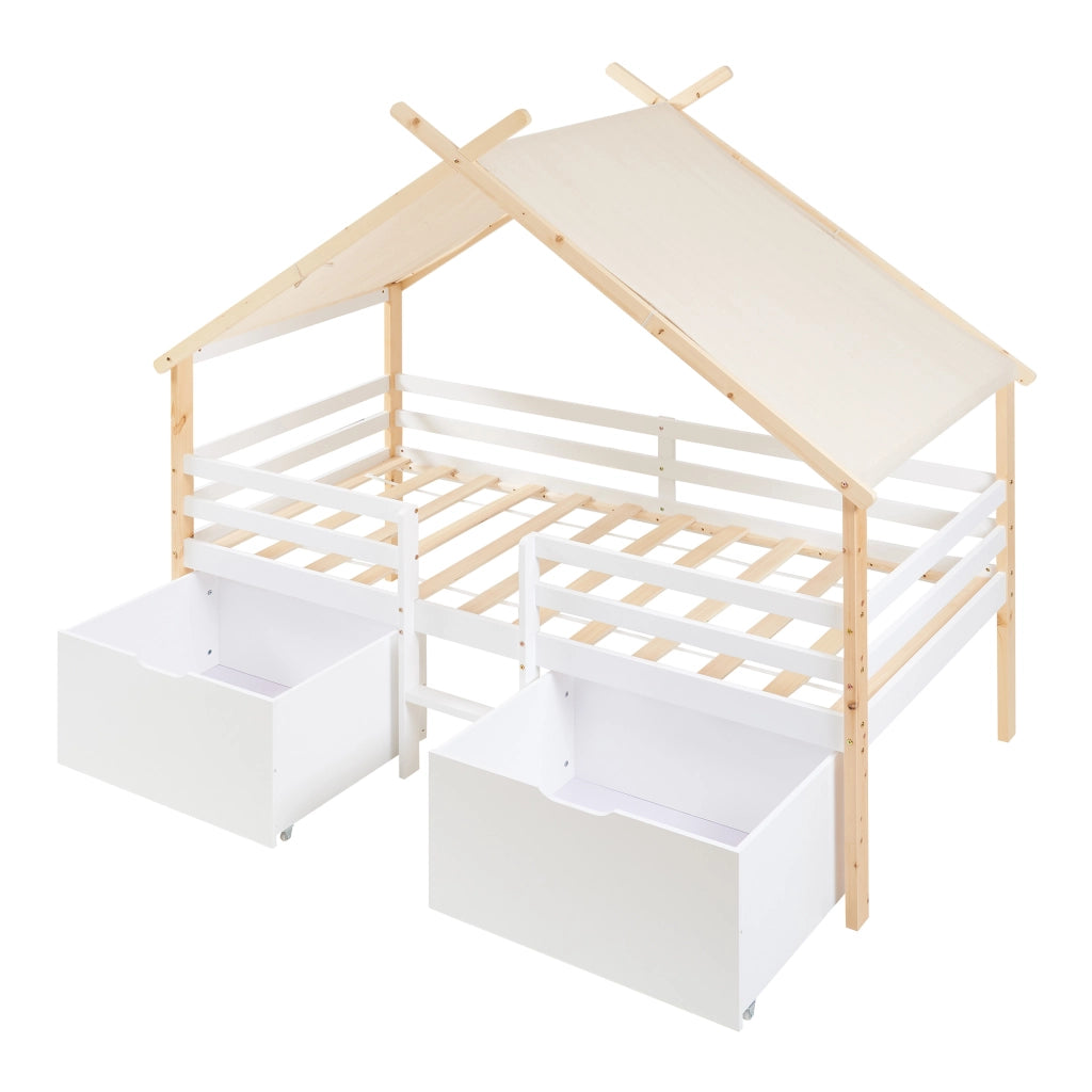 Letto Casetta per Bambini Surnadal 90x200 cm in Legno di Pino con Cassetti e Sbarre [en.casa]