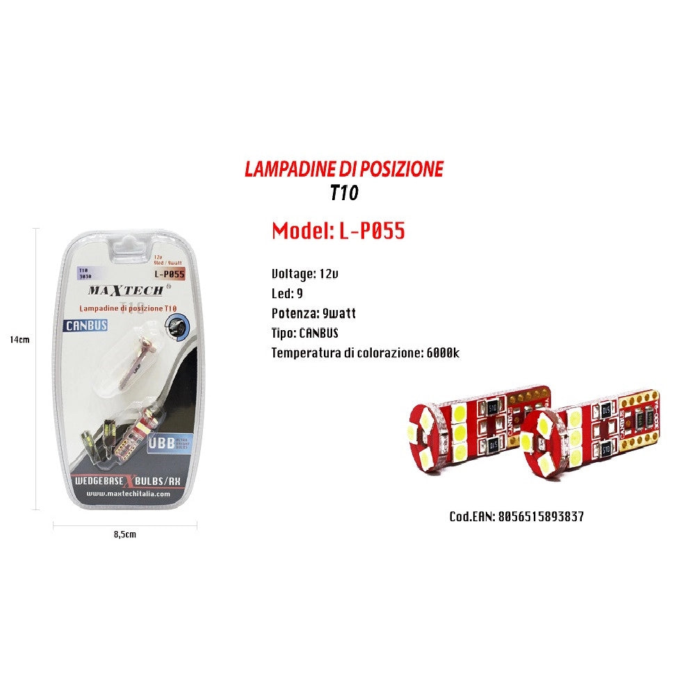 Trade Shop - Lampadine Di Posizione Canbus Maxtech L-p055 12v 9led 9w 6000k Ultra Luminose -