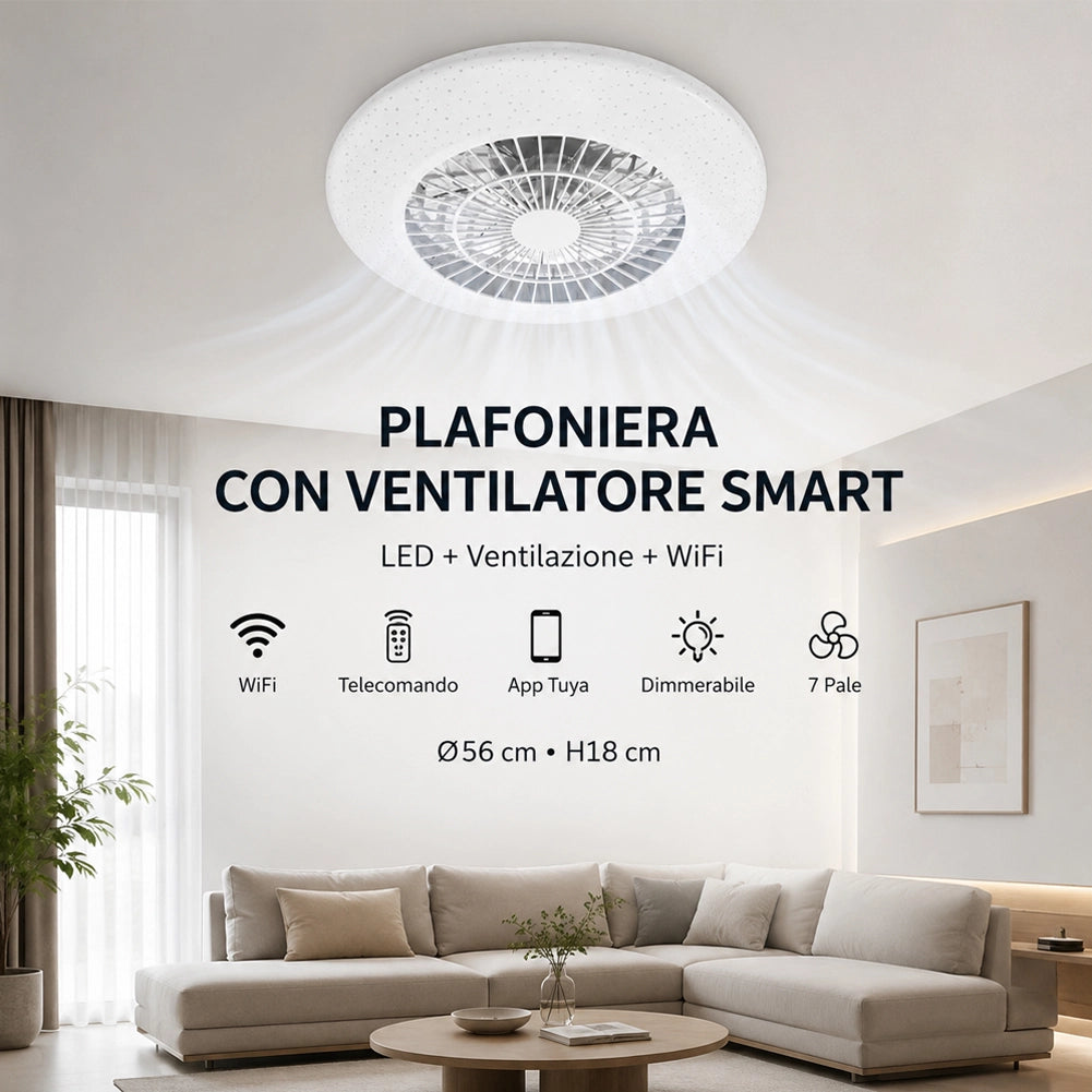 Ventilatore da Soffitto con Luce Led Dimmerabile Diametro 56cm 62W 7 Pale
