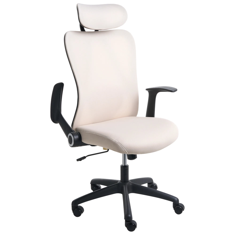 Sedia da ufficio beige in tessuto imbottito girevole da scrivania per computer con poggiatesta regolabile e braccioli ribaltabili