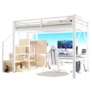 LETTO a soppalco 140x200 cm in metallo bianco con armadio, vani contenitore e LED