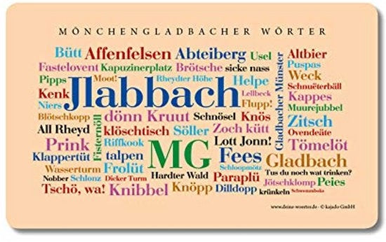 Tavolo da colazione con parole di Mönchengladbach e una nuvola di tag con il dialetto di Mönchengladbach. Un regalo originale e bello.