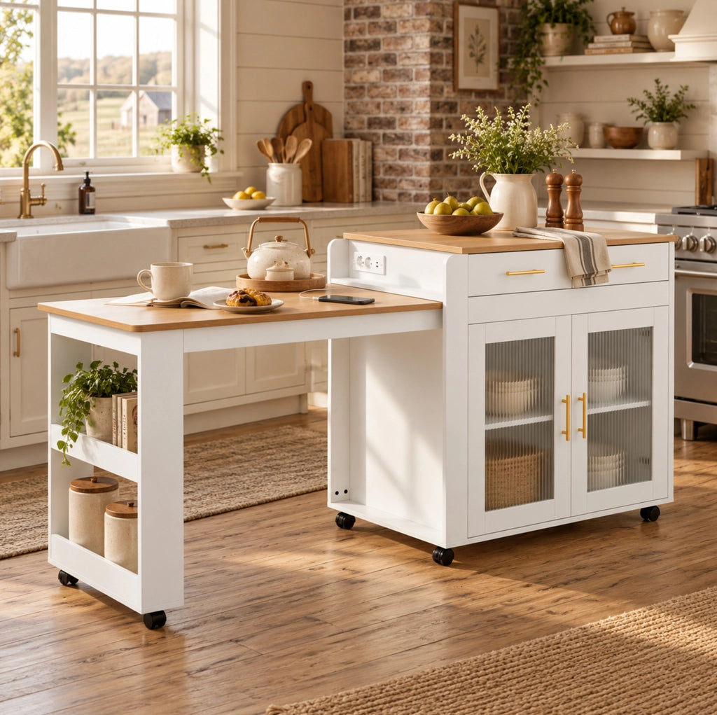 Isola cucina mobile con piano allungabile 116/177 cm; prese EU e USB; bianca