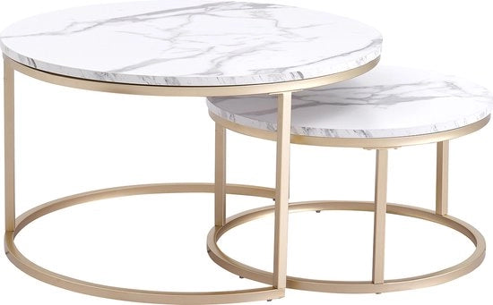 Set di 2 tavoli salotto - 60 e 40 cm - tavolo caffè - tavolo da appendere - 2 pezzi - tavolo salotto rotondo - tavoli salotto industriale - finitura marmo - bianco - oro