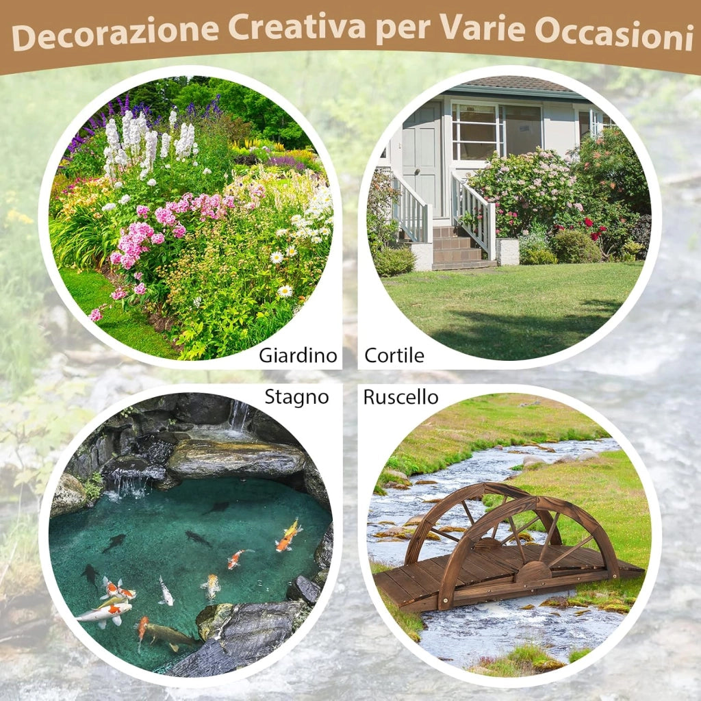 Ponte in Legno da Giardino, Ponte Decorativo per Giardino con Doppia Ringhiera a Mezza Ruota Costruzione, in Legno di Abete, capacità di Carico 75 kg