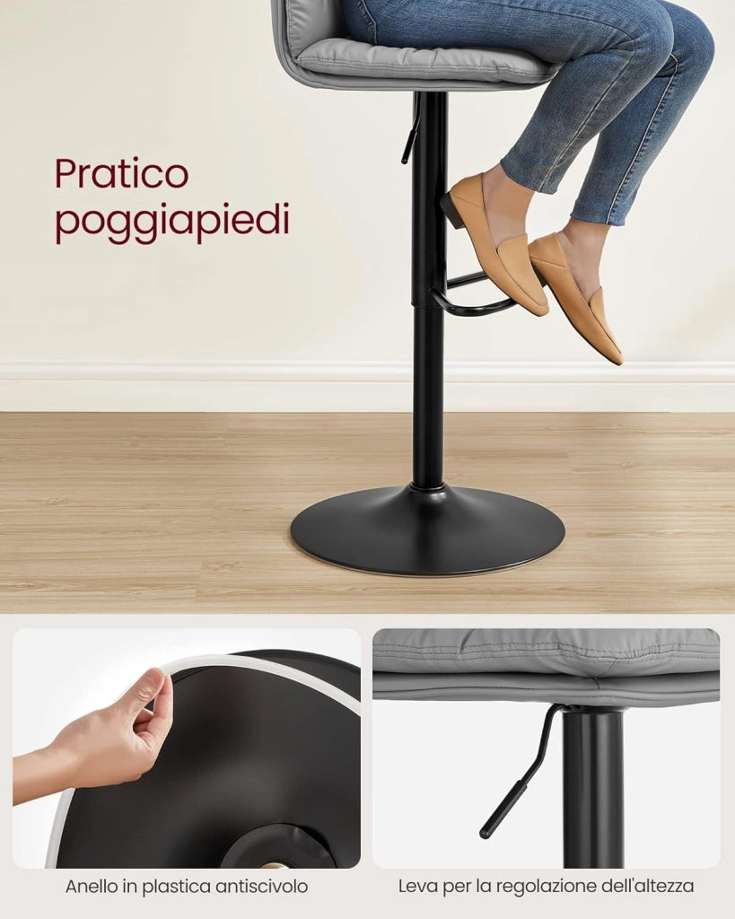 VASAGLE Set di 2 Sgabelli da Cucina, Sgabelli da Bar, Regolabili in Altezza con Rivestimento in PU, Girevole a 360°, Sedia da Bar con Schienale e Poggiapiedi, Grigio LJB094G01