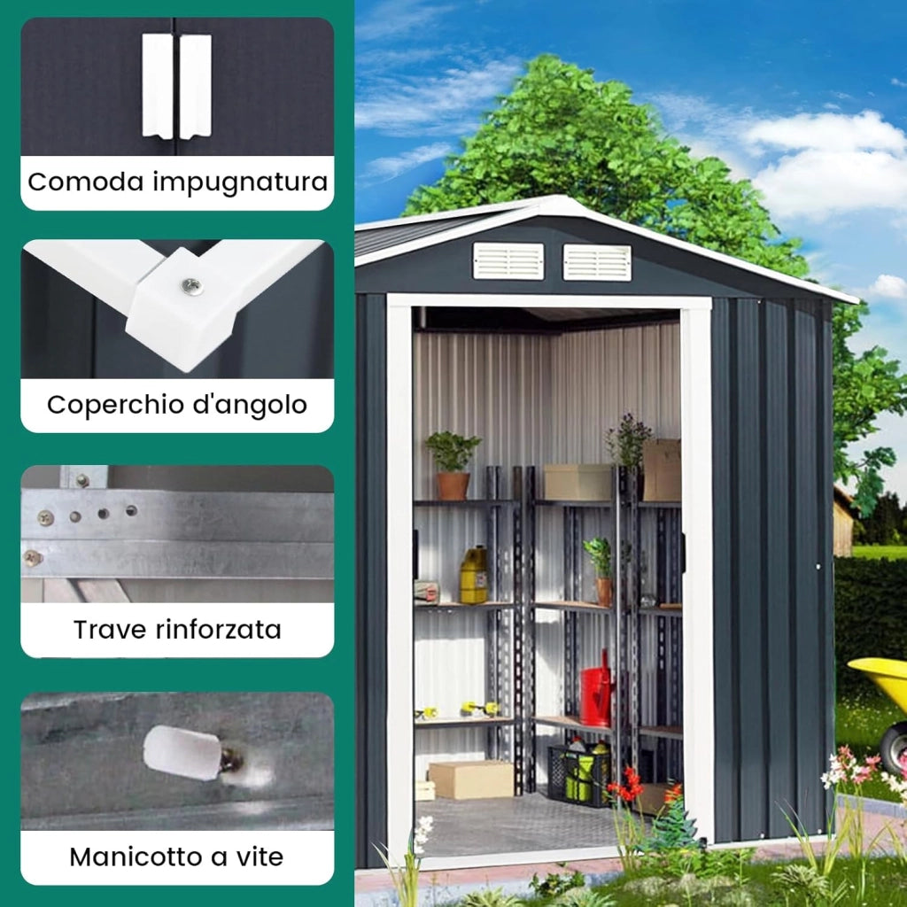 Casetta da Giardino in Acciaio 2,7㎡, con Base, Porte Scorrevoli, Maniglie, Sfoghi e Tettoia, Capanno da Esterno per Giardino, Fattoria e Cortile, 213 x 127 x 185 cm (Grigio Scuro)