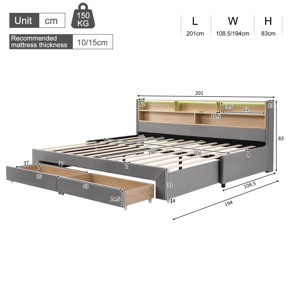 Letto a Divanetto Estraibile 90x200 cm; USB; Type-C; LED; Cassetti; Vani; in Velluto; Grigio