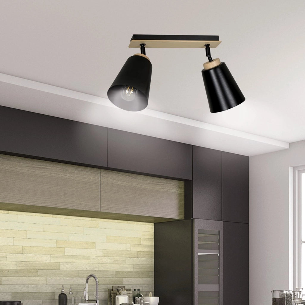Faretto a soffitto ATLAS in acciaio nero e legno naturale
