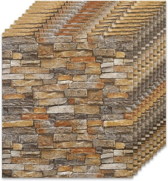 Pannelli di parete autoadesivi 3D - Altoprestazione - Impermeabili - Pavimento in pietra - Giallo - 10 pezzi - 77 x 70 cm - Decorazione interna