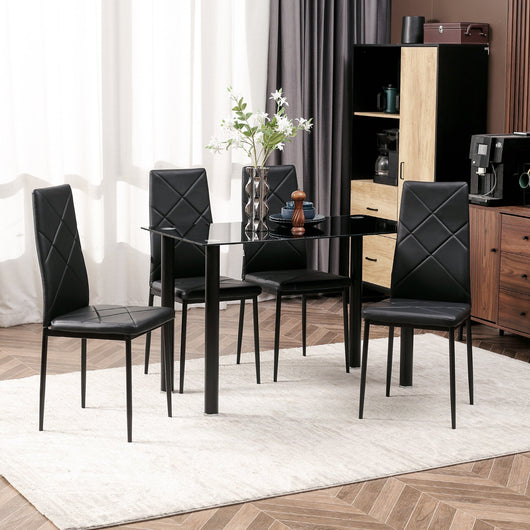 Set Tavolo da Pranzo con Piano in Vetro e 4 Sedie Imbottite in Finta Pelle Nero