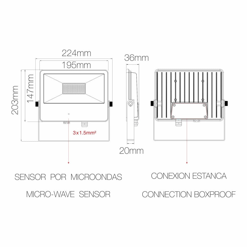 Faro a led SKY 50W IP65 con sensore integrato 4000k Nero