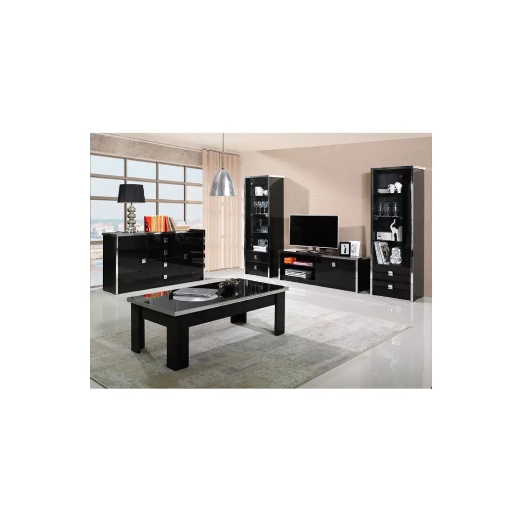 Mobile TV LYON – Design nero lucido e metallo – L150 x H51 x P42 cm