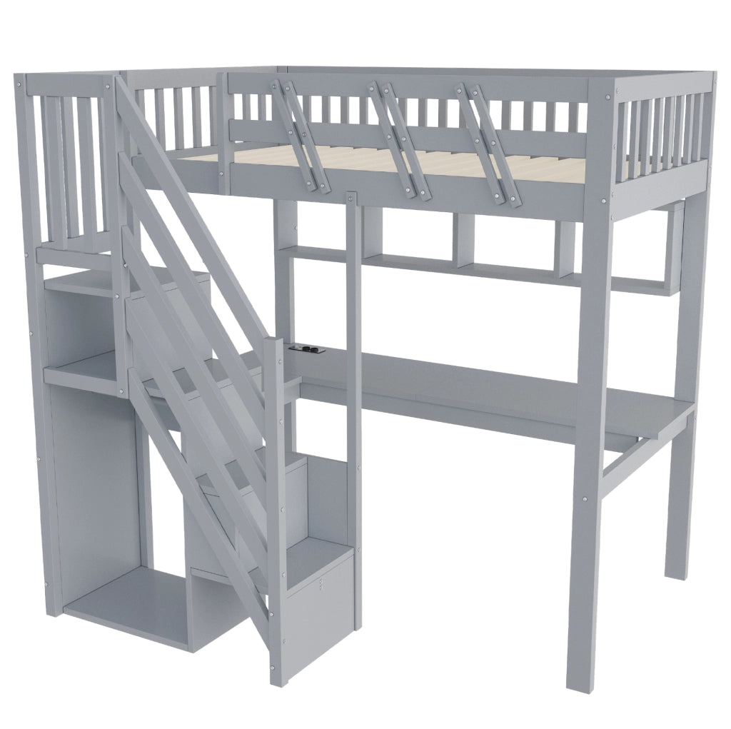 Letto a soppalco 90x200 cm con scrivania; scala contenitore e LED; grigio in legno