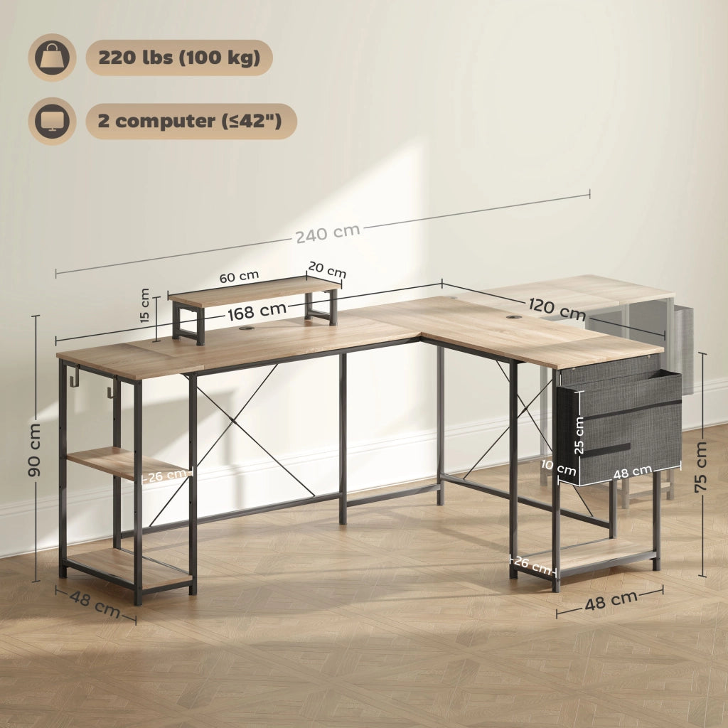 Scrivania Angolare Modulabile 168-240 cm ¨C Xylo ¨C Legno Rovere, Ripiani Regolabili, Supporto Monitor
