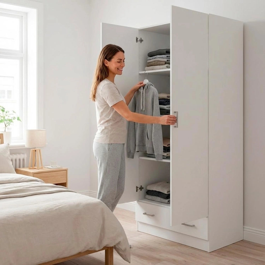 Armadio Design Moderno Con 2 Ante E 1 Cassetto Multiuso Salvaspazio Con Ripiani Interni E Vano Contenitore Per Camera Da Letto O Ingresso 79.4 X 35.7 X 170.4 Cm Bianco