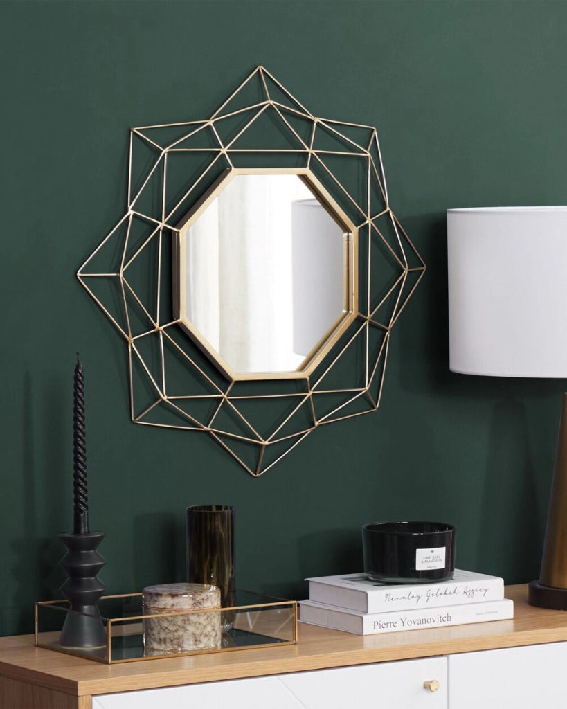 Specchio appeso a parete dorato 60 cm rotondo Art Déco Glamour Hollywood cornice geometrica