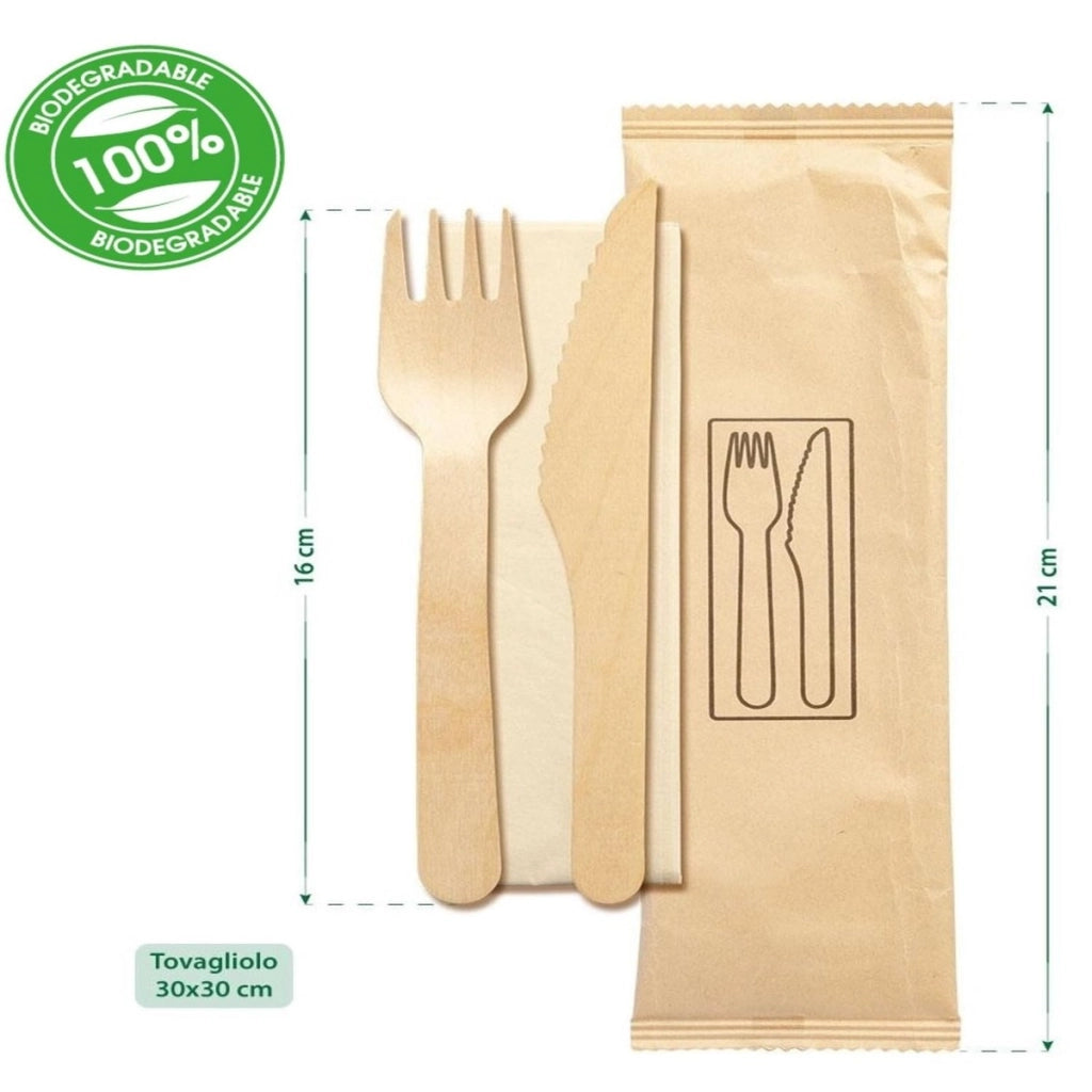 Set posate usa e getta in legno di betulla | Ecologico, Biodegradabile, Compostabile, 100% Naturale | No Plastica - Forchetta, Coltello e Salvietta 3 veli di Carta (Pacco da 25 pezzi)