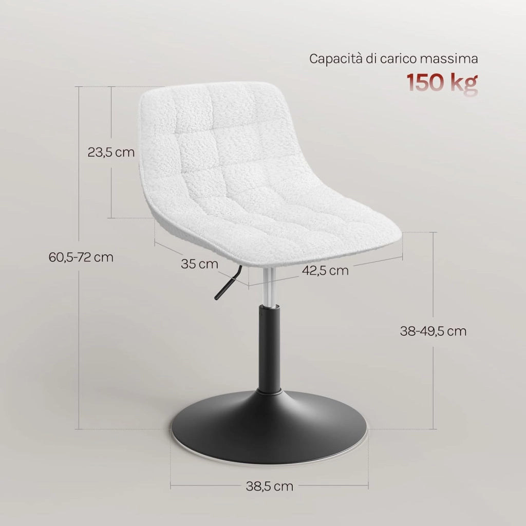 2 x Sgabelli per Toeletta Trucco, Sedia da Trucco con Schienale, Sgabello Regolabile in Altezza, Seduta in Ciniglia, Base in Metallo, Sgabello per Cucina, Camera da Letto, Bianco
