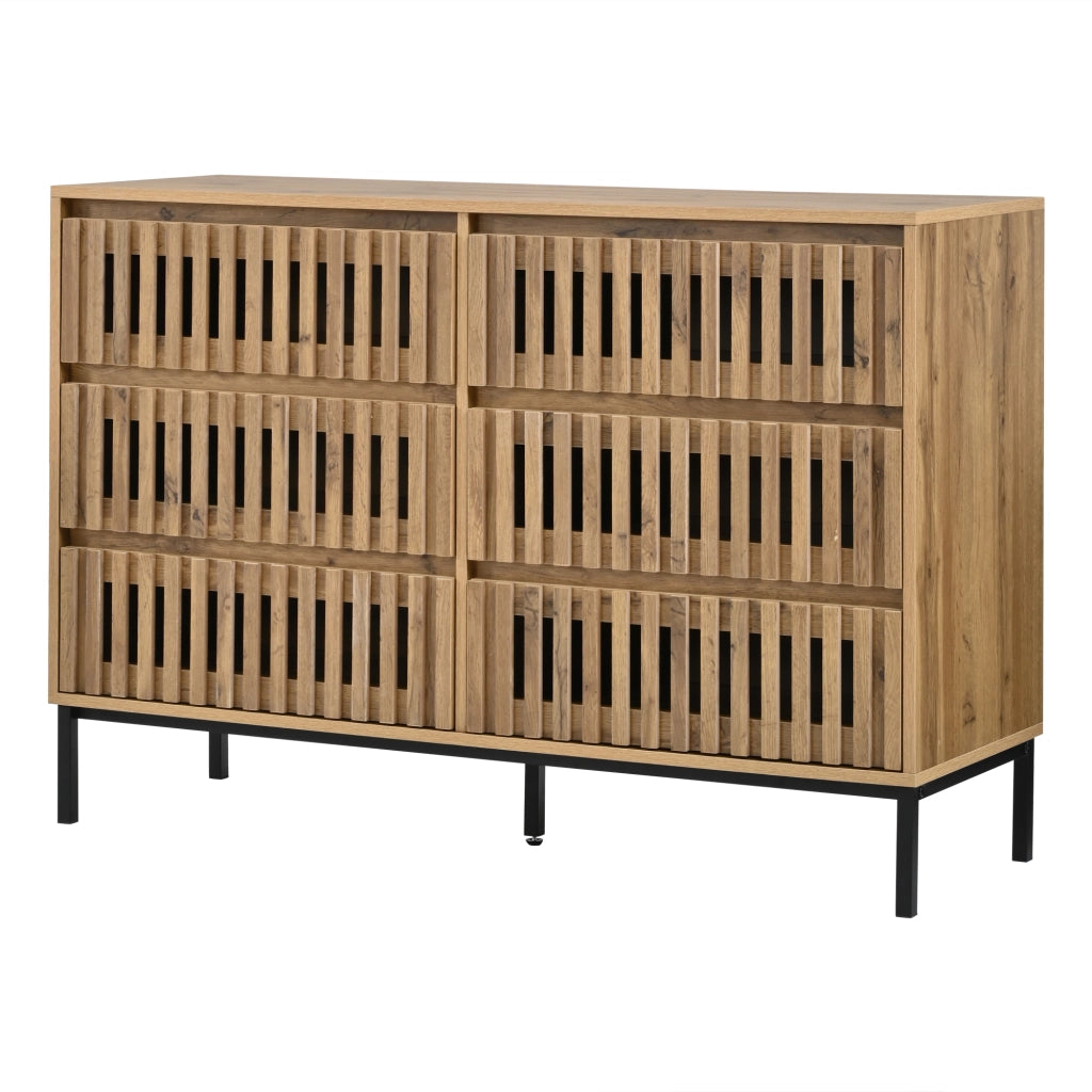 Credenza bassa con 6 cassetti, struttura in MDF e pannello truciolare, design a griglia, 120¡Á40¡Á81 cm, colore legno naturale