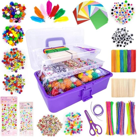 Attrezzi per bambini, 3500 pezzi, set di attrezzi pieghevole in scatola di conservazione, sonagli, carta da colorare, penne, spazzola per pipe, pomponi, attività di creatività, regalo per compleanno, Natale, festa per bambini