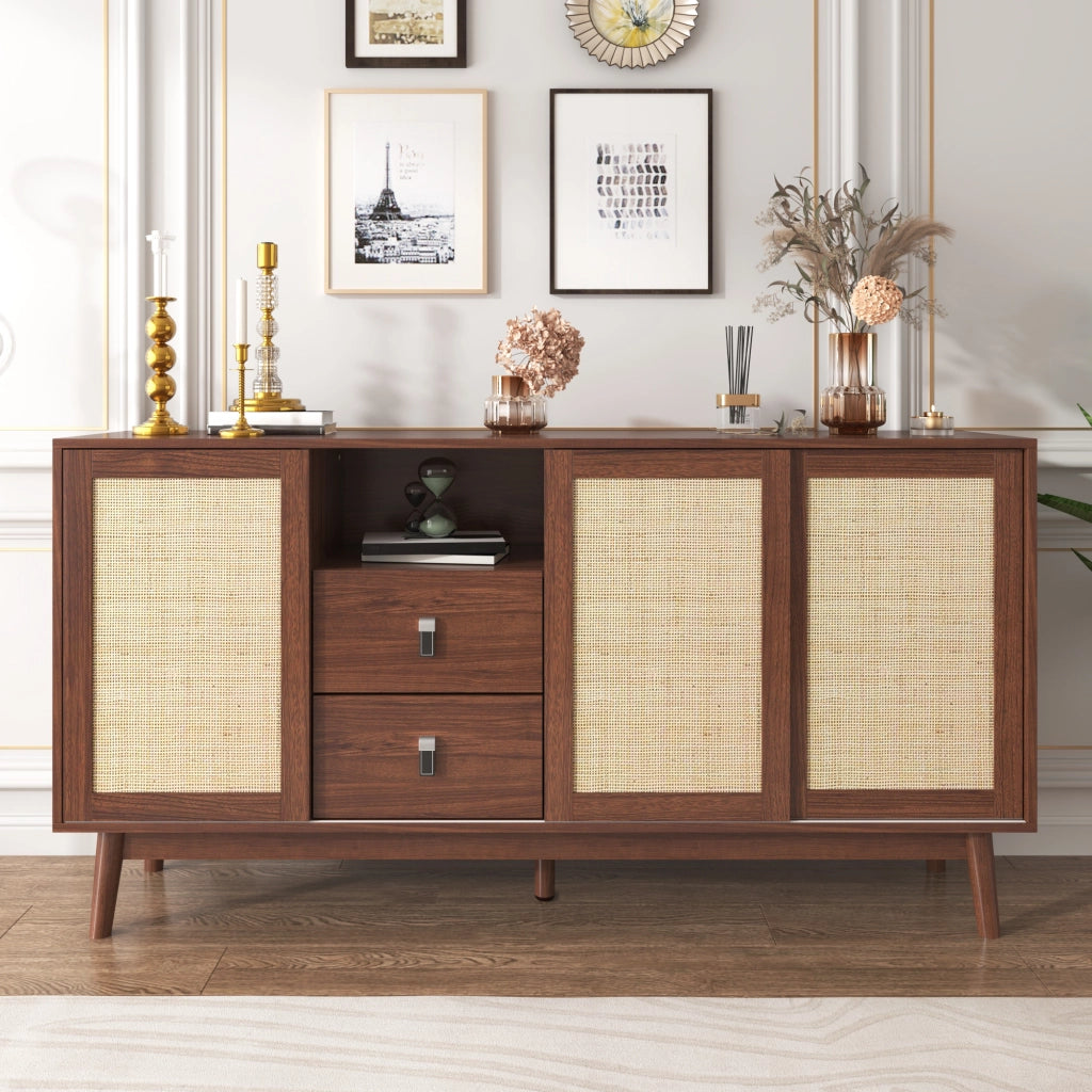 Credenza con 3 Ante Scorrevoli in Rattan e 2 Cassetti; Stile Naturale; in MDF; 155??38??80 cm; Legno