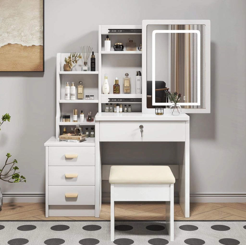Toeletta con specchio LED; 3 modalità di luce regolabili; ripiani e ante scorrevoli a specchio; MDF bianco