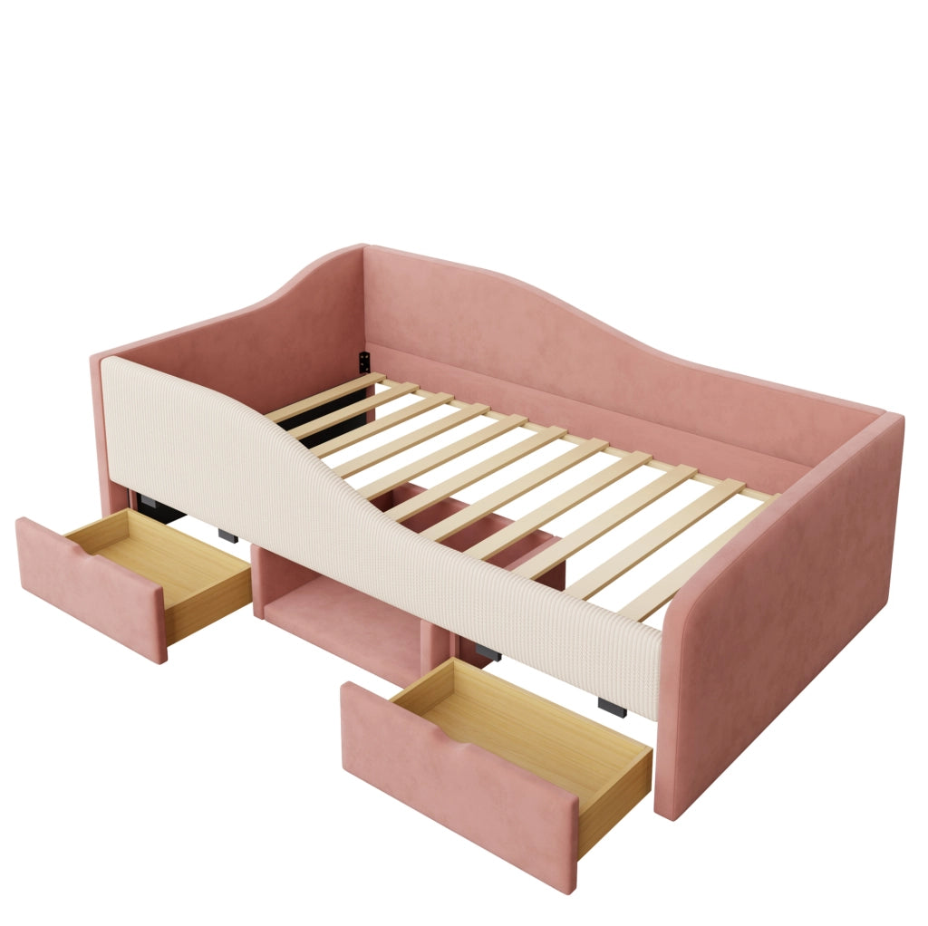 Letto imbottito per bambini 90x190 cm in velluto rosa e bianco; con sponde e contenitore