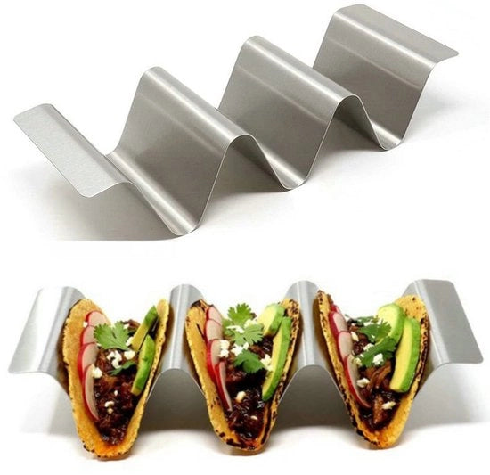 Due taco-holders in acciaio inox, supporti ondulati, taco-rack, taco-stand per uso domestico e ristorante