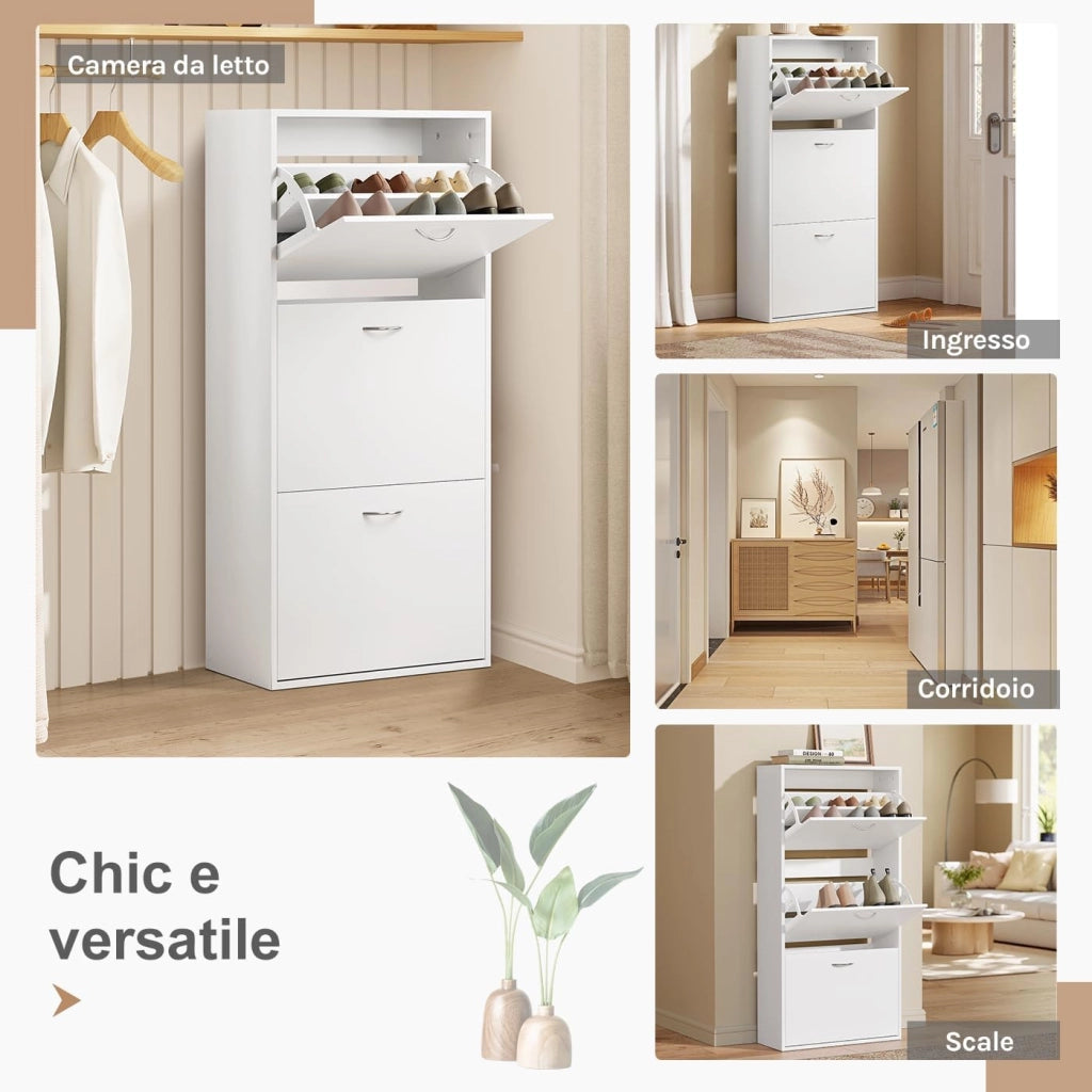 Scarpiera con 3 Cassetti a Ribalta, Portascarpe Stretto con Ripiani Regolabili, Capienza 14-18 Paia, 58x23x118 cm, Bianco, per Corridoio e Soggiorno