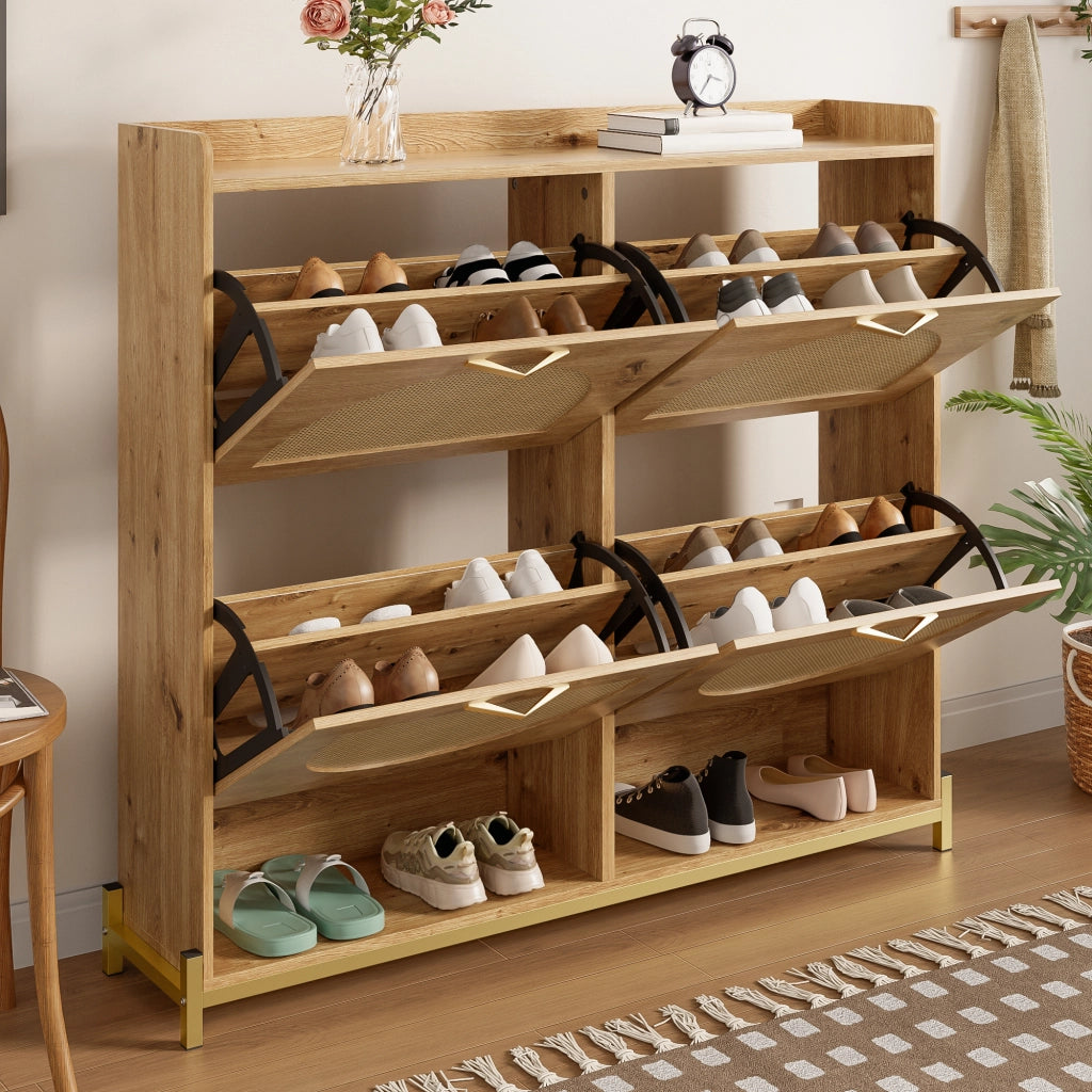 Mobile Scarpiera con 4 Ante e Ripiano Superiore; Salvaspazio; Stile Naturale; in MDF; 108;5×24×100 cm; Legno
