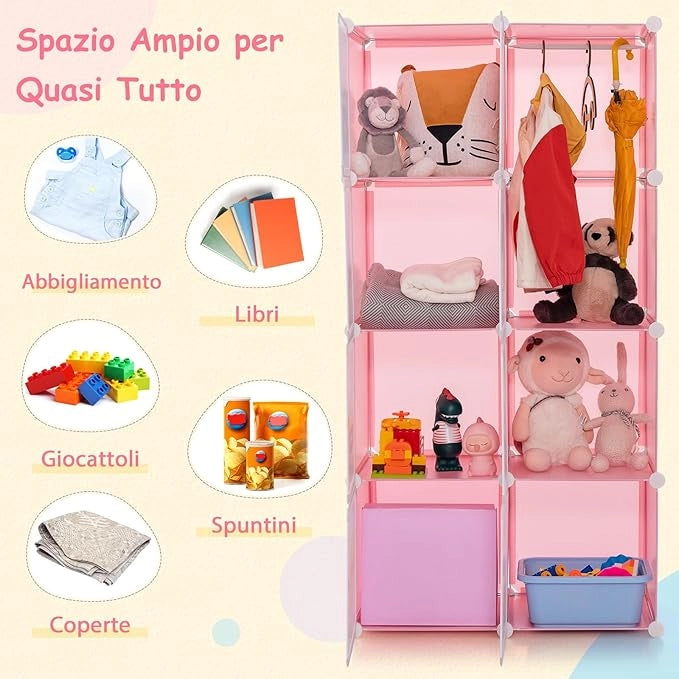 Armadio Portatile per Bambini, Organizzatore Modulari per Bambini a 8 cubi con Ante e Sezione Appendiabiti, Guardaroba Portatile per Sala Giochi Camera da Letto Asilo, 71x35,5x142 cm (Rosa)