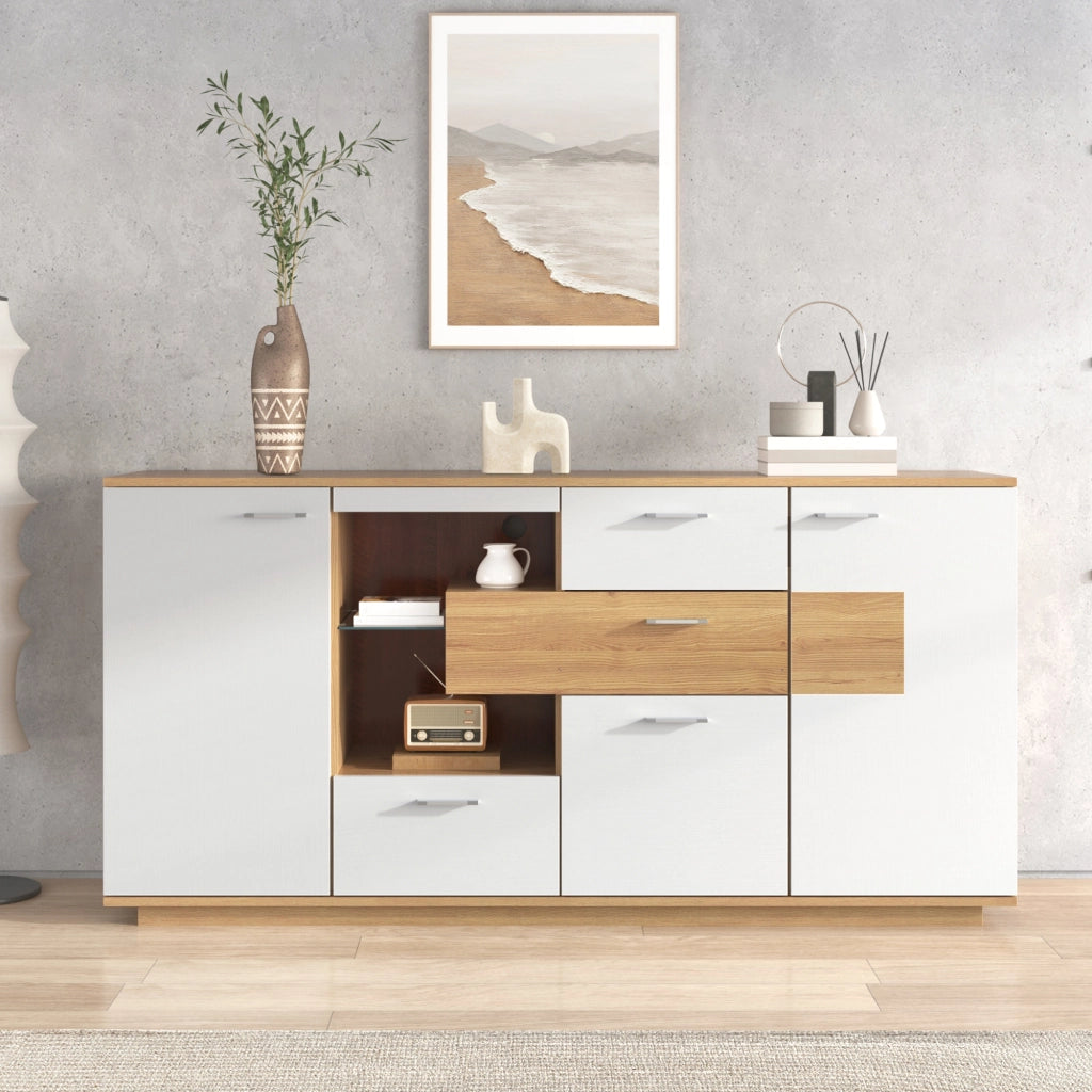 Credenza Moderna con LED ¨C Xylo ¨C Bianco, Legno, 2 Ante, 4 Cassetti, 160x40x77