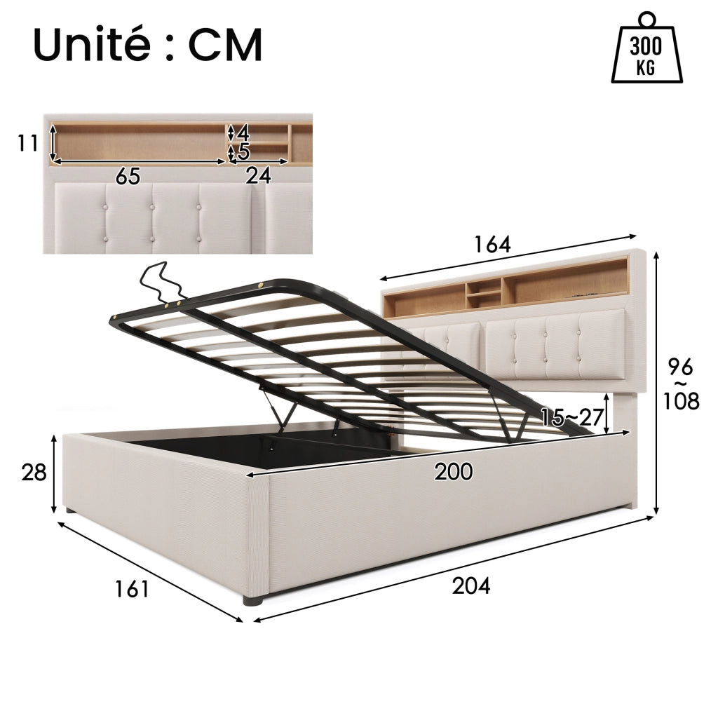 Letto Contenitore Matrimoniale con USB; Tipo C e 4 Vani 160 x 200 cm; senza Materasso; Lino; Beige