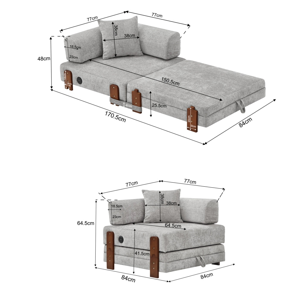 Divano letto compatto grigio chiaro in tessuto con USB Type-C e vano contenitore