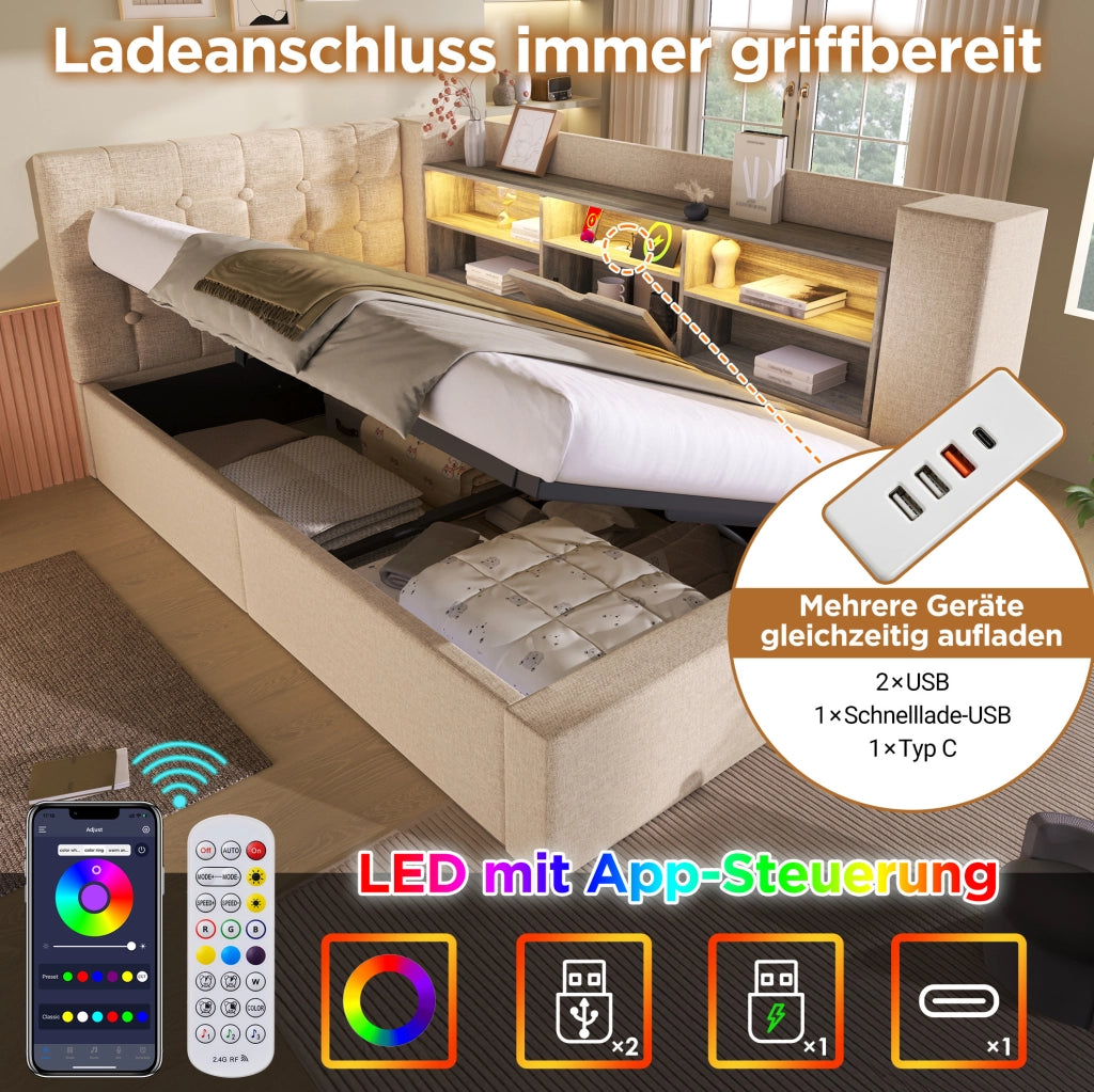 Letto imbottito con LED, contenitore idraulico e materasso incluso 140x200 cm