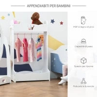 Appendiabiti per Bambini con Ripiani e Ganci Laterali, Arredamento per Cameretta in Legno, 70.5x37x103cm, Bianco