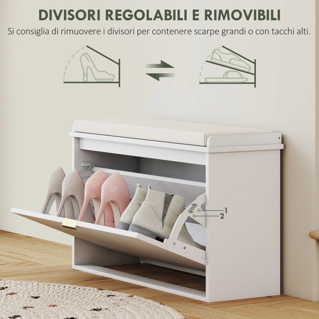 Panca Scarpiera con Ripiano Interno 80x26x47,5 cm in Legno e Tessuto Effetto Lino Bianca e Beige
