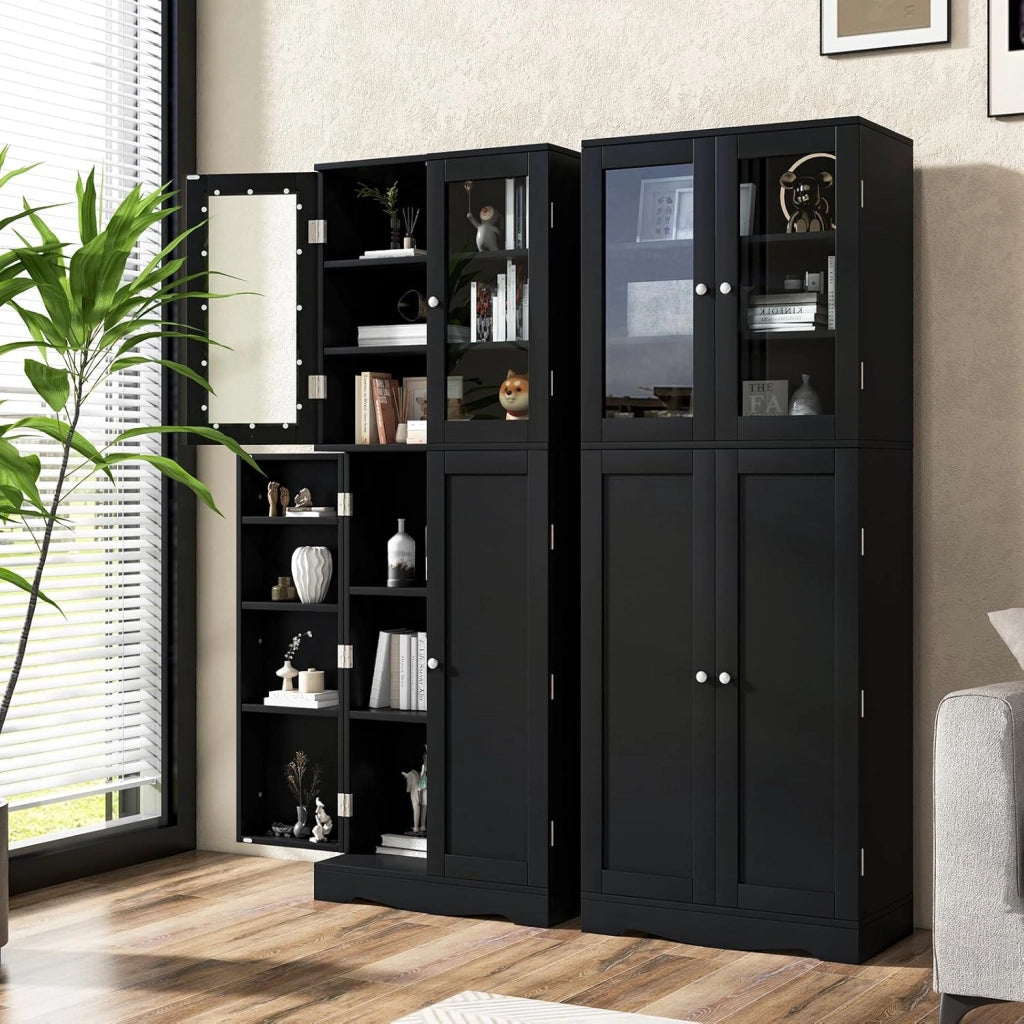 Credenza da Cucina con Anta Multi-Stoccaggio, Mobile Cucina Dispensa con Dispositivo Antiribaltamento, Armadio di Stoccaggio, 60 x 31,5 x 161,5 cm, per Soggiorno, Sala da Pranzo (Nero)