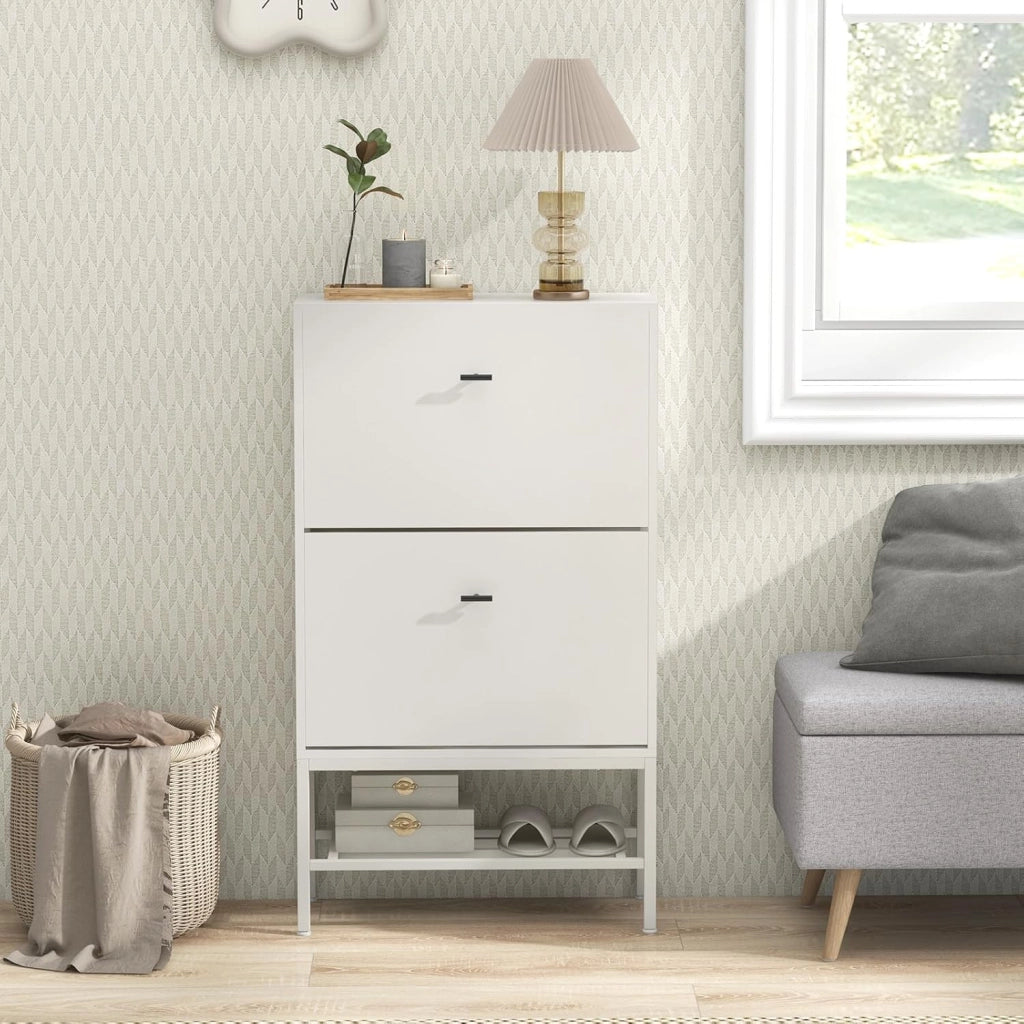 Scarpiera con Ripiano Nascosto, 2 Cassetti e Supporto in Metallo, Gambe Regolabili, Organizzatore per Scarpe, Borse, Tacchi, 60 x 24 x 106 cm.