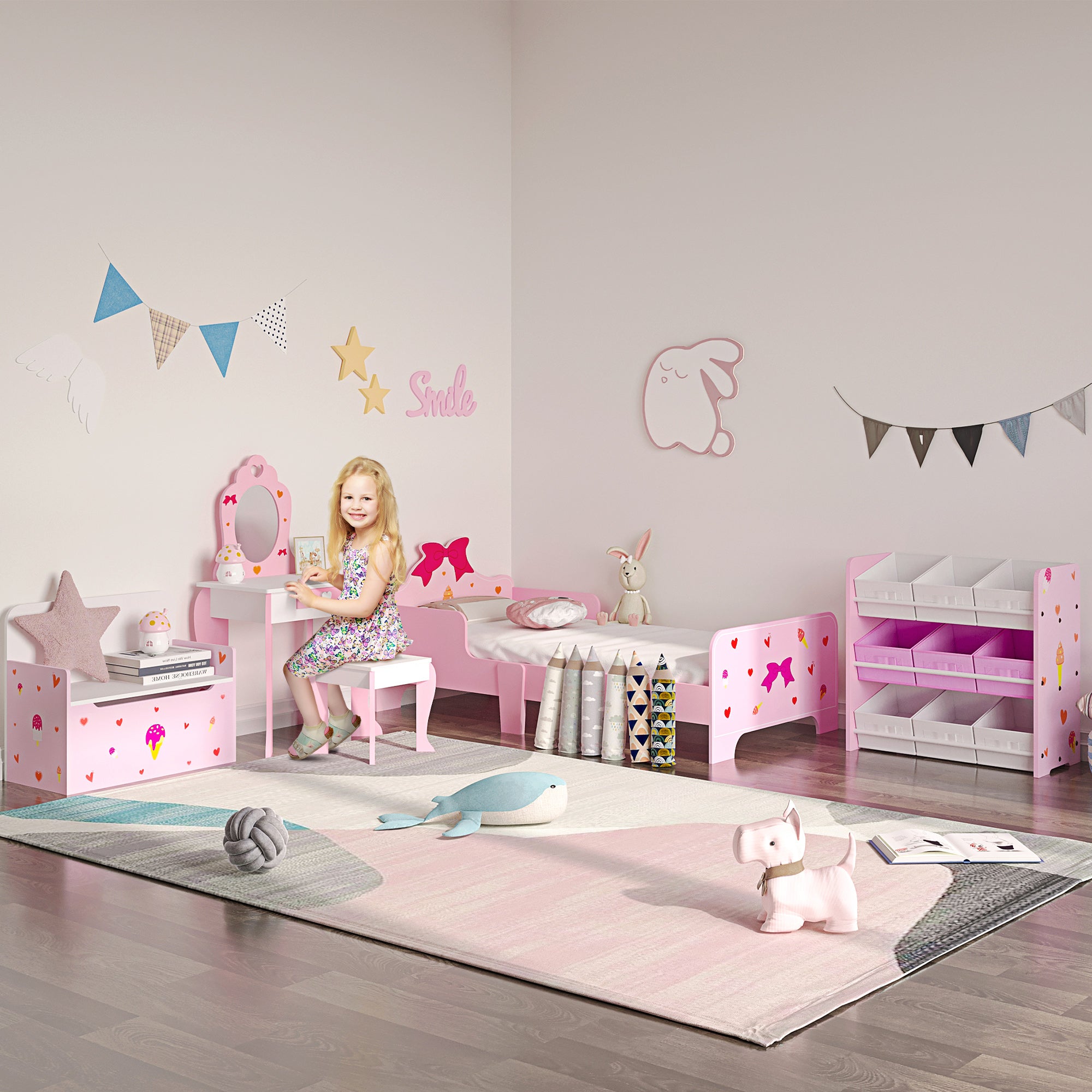 Scaffale Portagiochi per Bambini 63x30x60 cm con 9 Cestini in Tessuto in MDF Rosa e Bianco