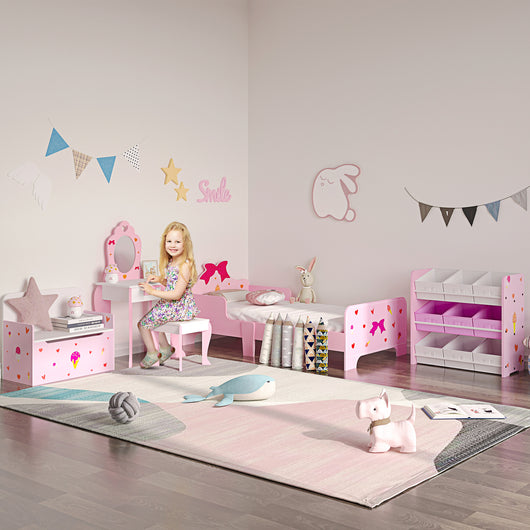 Scaffale Portagiochi per Bambini 63x30x60 cm con 9 Cestini in Tessuto in MDF Rosa e Bianco